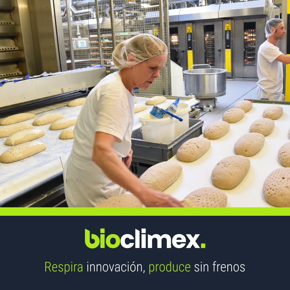 Empleado de panadería en proceso de horneado con un ambiente controlado, donde la climatización de Bioclimex puede ser crucial para mantener condiciones adecuadas.