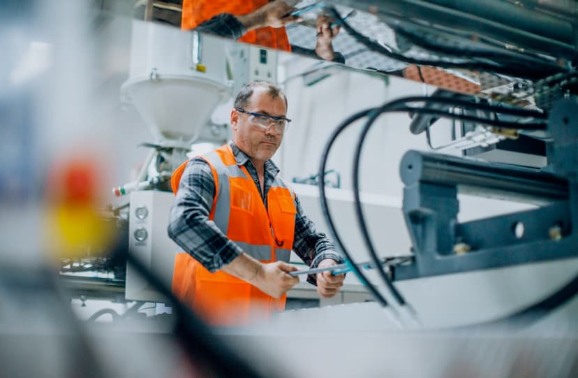 Ingeniero con chaleco naranja y gafas protectoras inspeccionando un sistema de aire acondicionado industrial, representando las soluciones de Bioclimex en espacios industriales en México.