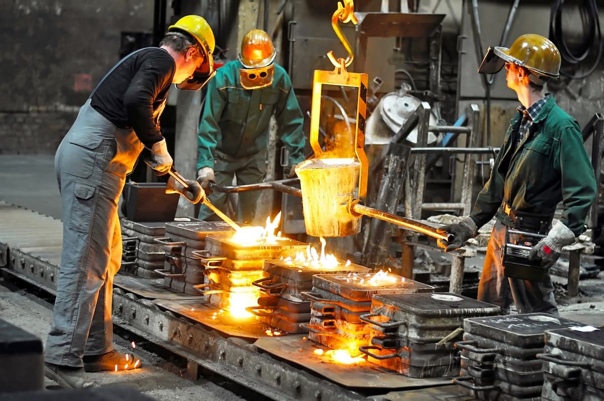 Trabajadores manipulando metal fundido en una fábrica, con sistemas de Bioclimex asegurando la ventilación y el control de temperatura necesarios.