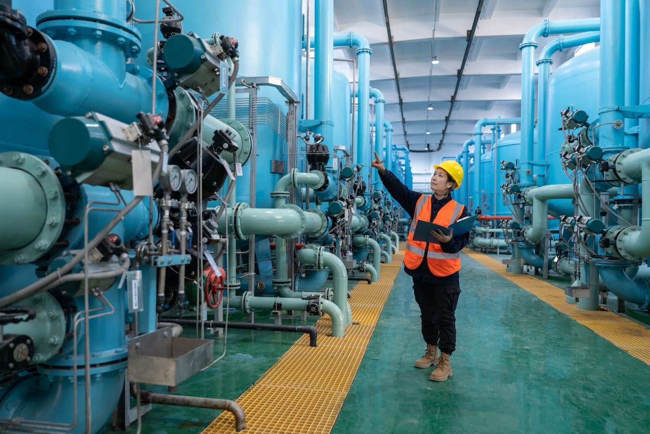 Trabajador de mantenimiento revisando equipos industriales en una planta, donde los sistemas de ventilación de Bioclimex aseguran un ambiente controlado.