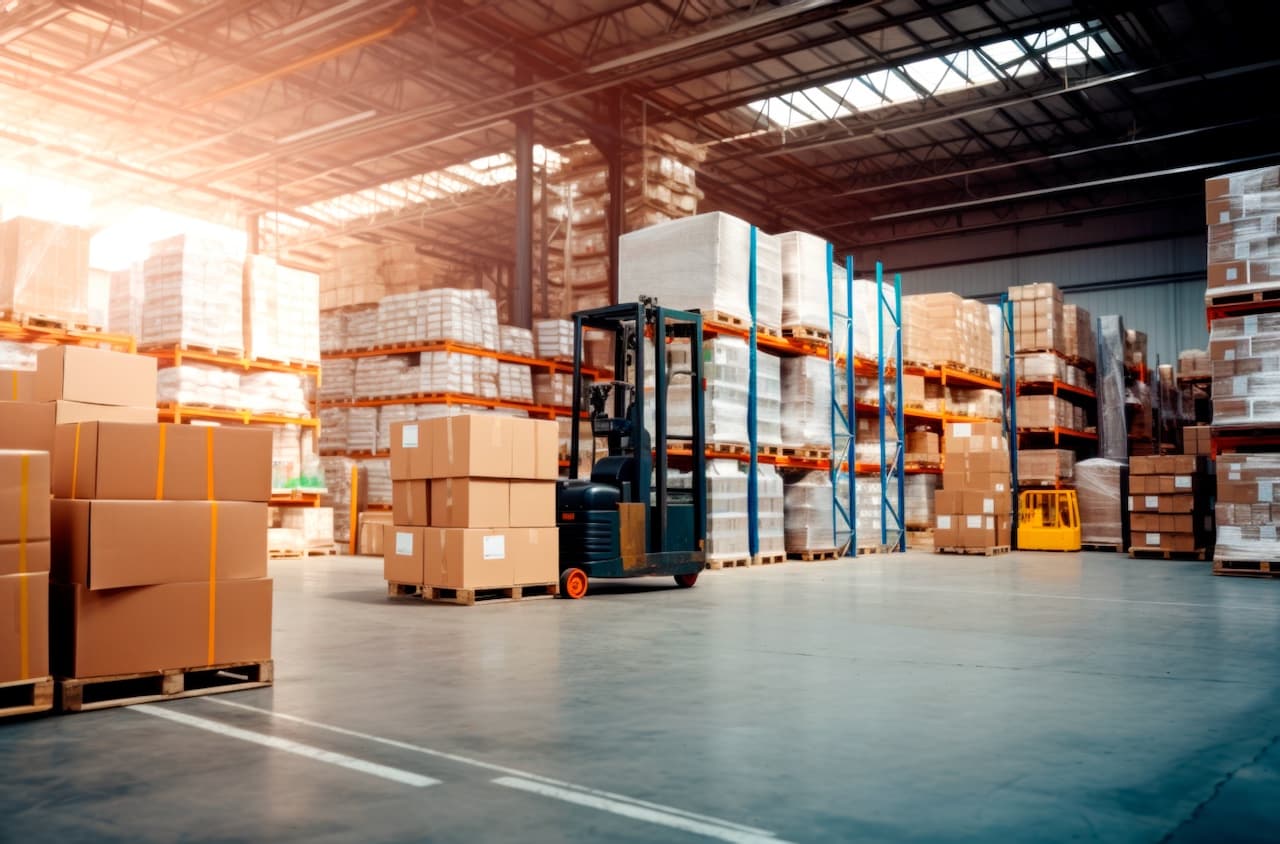 Almacén industrial con estanterías llenas de productos y cajas, mostrando la necesidad de una ventilación eficiente en espacios de almacenamiento.