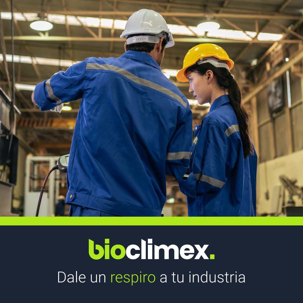 Dos técnicos industriales conversando dentro de una fábrica, resaltando la oferta de equipos y servicios de instalación de Bioclimex.