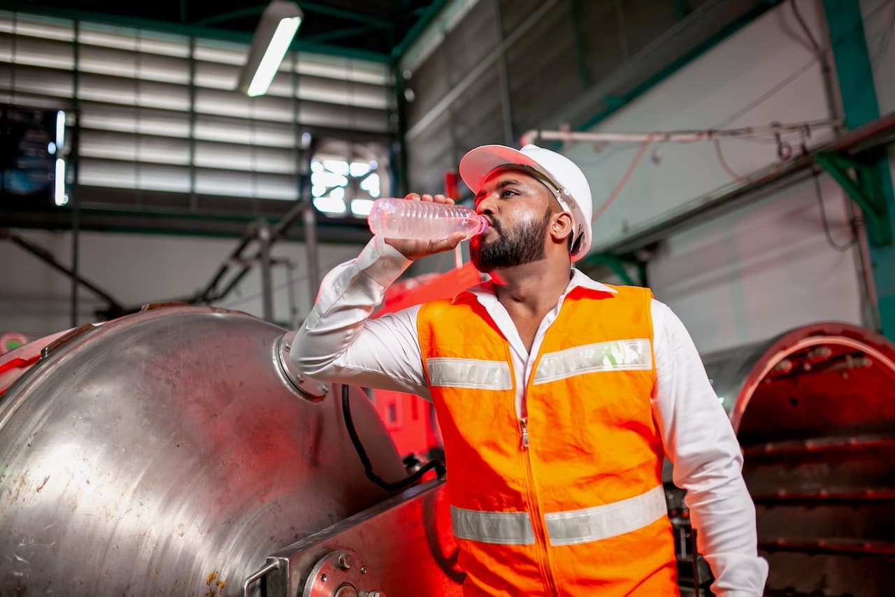 Trabajador industrial bebiendo agua en un entorno fabril, subrayando la importancia de la ventilación adecuada para el bienestar en espacios de trabajo, como los servicios de Bioclimex.