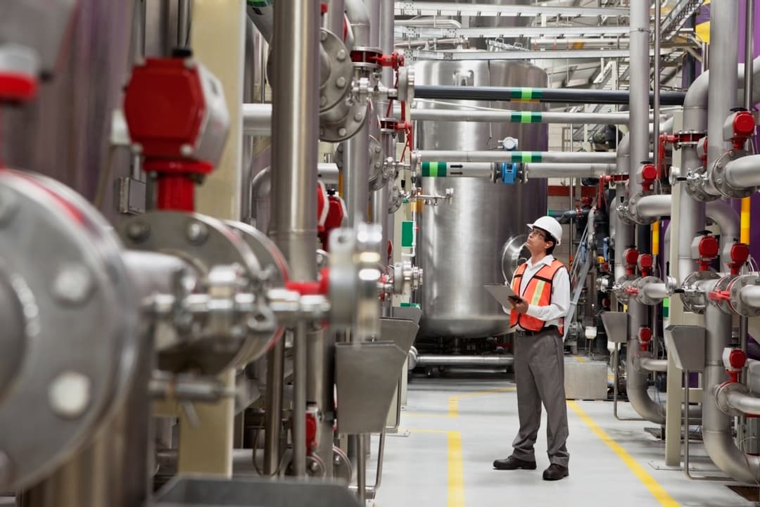 Técnico en un ambiente industrial revisando válvulas y tuberías, ejemplificando el mantenimiento y ajuste de sistemas HVAC en instalaciones industriales de Bioclimex en México.